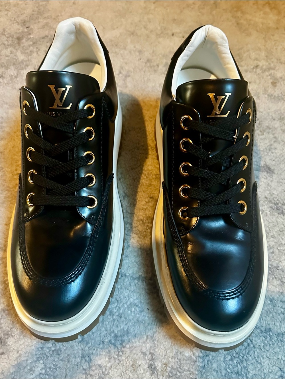 Louis Vuitton Black Leather Oxfords with Cream Soles and Gold Accents